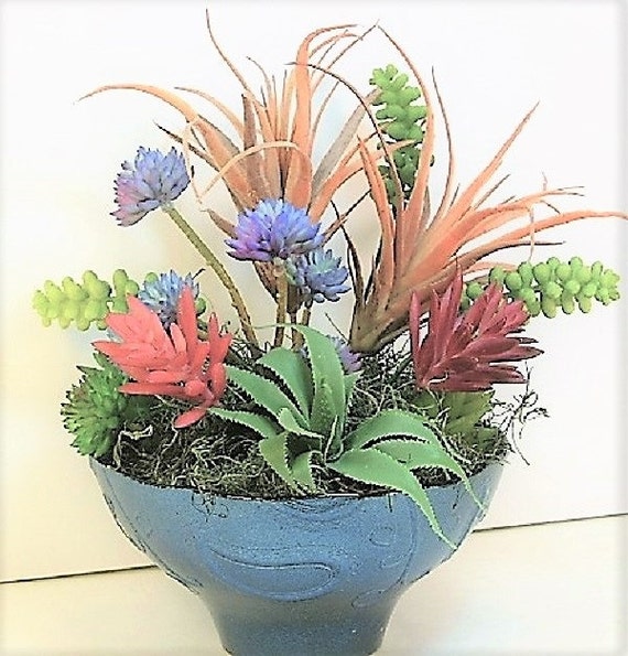 Succulents Artificial Faux Arrangement Garden Blue Glass Bowl