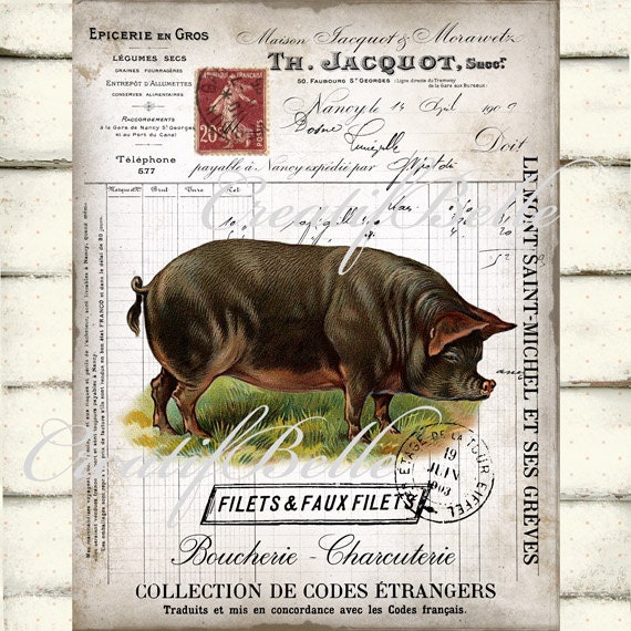 Vintage French Rustic Pig Large Image Instant Digital