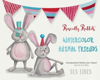 Bunny Rabbits watercolor clipart | grey and pink bunnies clip art | trendy rabbit hipster bunny watercolors |  clipart by SLS Lines