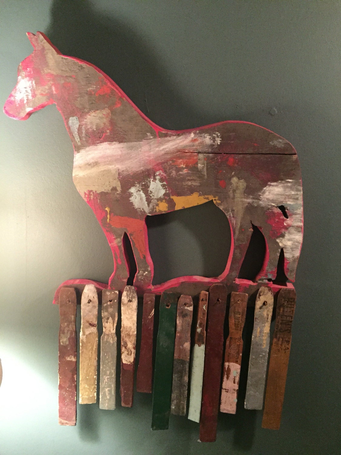 Fantastic early antique folk art horse with paint samples