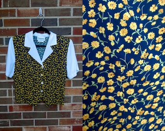 Navy and Yellow Floral Peter Pan Collar Crop Top, M