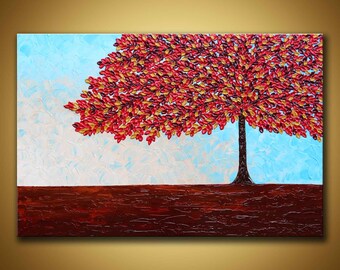 Red tree painting Original abstract art large contemporary painting Fall tree painting, Autumn tree wall art 3d 24x36 textured painting