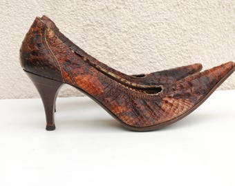 Vintage Brown Snake Leather Shoes Brown Genuine Leather Shoes Elastic Shoes Pointed Toe Pumps Heels Boho Chic Size EUR 39 US 8.5 UK 6.5