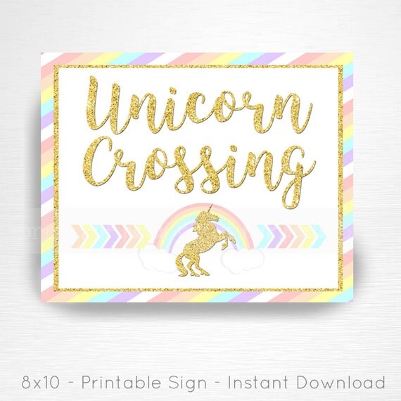 unicorn crossing rainbow birthday party printable sign you