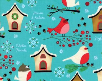 Jingle Birds Aqua Bird House Fabric by Keiki for Moda 100% Cotton by the half yard holiday fabric
