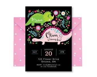 Girl's Dinosaur Invitation, Pink Dinosaur Invite, Printable, Digital Customized, Invitation, Cute Dinosaur Invite