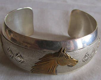 Navajo Sterling Silver and Brass Horse Cuff Bracelet