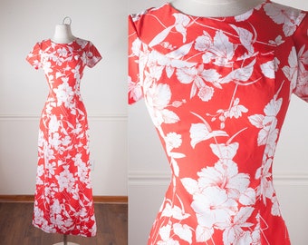 1960s Hawaiian Dress, Red Dress, Floral Dress, Psychedelic Dress, 60s Mod Dress, Long Dress, Maxi Dress, 60s dress, 70s dress, retro dress