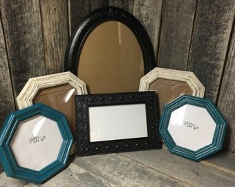 122-Picture Frame Collection -Gallery Wall - Wedding- Shabby Chic-Nursery- Black - Turquoise - Heirloom White-Set of 6 Frames