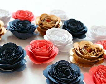 Baby Shower Decor, Paper Roses, Garden Wedding, Small Paper Flowers, Party Table Decor, Flower Wall Decor, Navy and Coral, Boho Floral