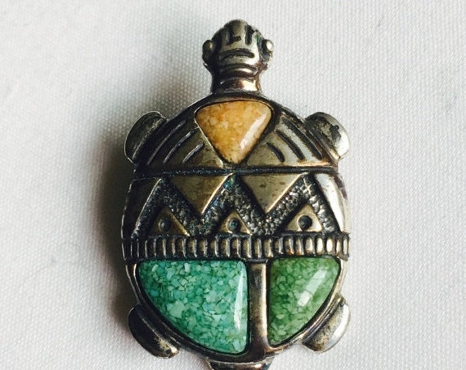 Storewide 25% Off SALE Vintage Sterling Silver Southwestern Inspired Turquoise Turtle Lapel Brooch Featuring Highly Detailed Design Finish