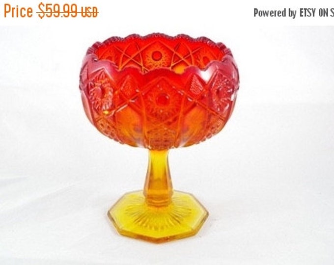 Storewide 25% Off SALE Vintage Amberina Pressed Glass Pedestal Bowl Featuring Beautiful Checker Patterened Raised Design in Yellows and Reds