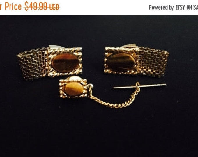 Storewide 25% Off SALE Antique Gold Tone Mesh Style Swank Designer Cufflinks & Tie Bar Set Featuring Tigers Eye Stone Accents