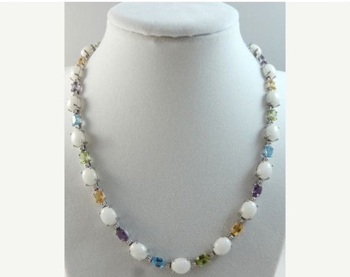 Storewide 25% Off SALE Vintage Sterling Silver Faceted Cabochon Serpentine Designer Necklace Featuring Assorted Large Amethyst & Peridot Gem