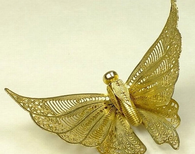 Storewide 25% Off SALE Beautiful & Enchanting Butterfly Brooch in Gold-tone featuring intricate open work dimensional design.