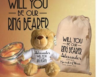 Will You Be/Thank You Personalised Ring Bearer Teddy Bear With Matching Gift Bag - Alexander Design - Wedding Favour, Wedding Gift