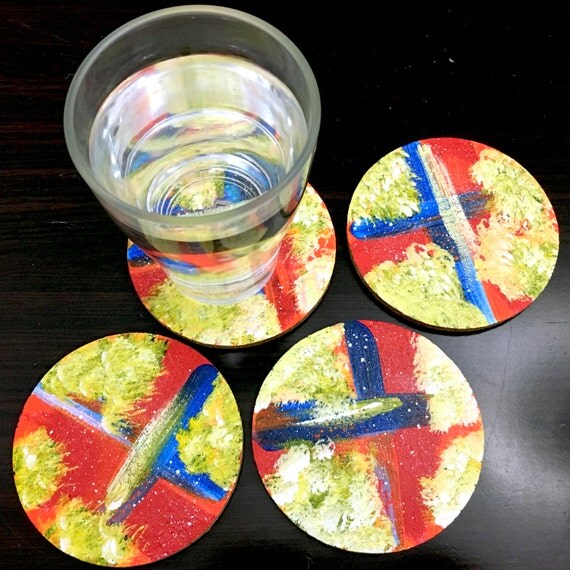 4 CORK COASTERS_ROUND. Acrylic Handpainted by terainbDesigns