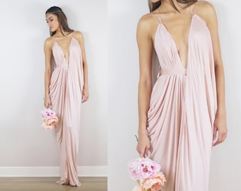 Blush Bridesmaids Dress, Blush Prom Dress, Blush Draped Gown, Blush Maxi Dress, Rose Bridesmaid Dress, Pink Bridesmaid, Blush Grecian Dress