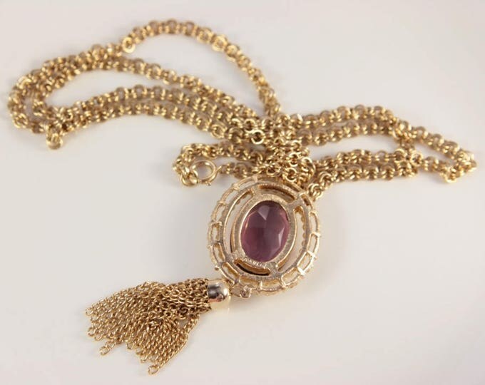 Gold Tassel Necklace Vintage Victorian Necklace Amethyst Large Purple Stone Pendant Seed Pearls Old Necklace Wedding Mother Of Bride Gift