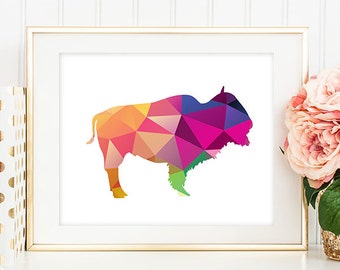 75% OFF SALE - Buffalo Print - 8x10 Geometric Art, Geometric Print, Bison, Colorful, Wall Art, Home Decor