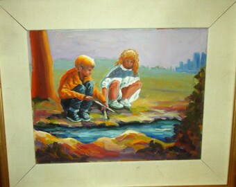 Vintage Impressionist Boy and Girl and Pond Boat/ Signed/Dated