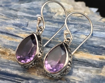 Dangly Amethyst Earrings // 925 Sterling Silver // Hypoallergenic // Teardrop Bali Setting
