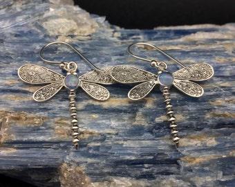 Opal Dragonfly Earrings // 925 Sterling Silver // Hypoallergenic // Hook Backing // Opal Earrings