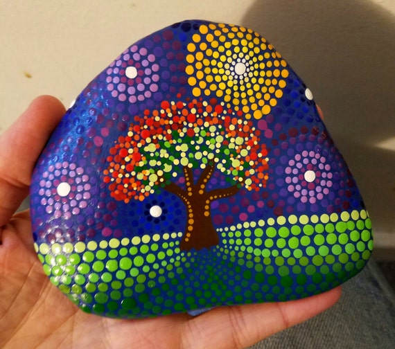 Large Painted Rock Fall Tree Dot Art Stone Autumn