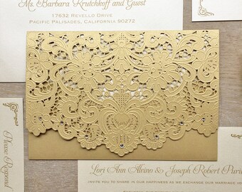 LORI - Gold Laser Cut Pocket Wedding Invitation - Metallic Gold Laser Cut Envelope with Ivory card - Swarovski Crystal Embellishments