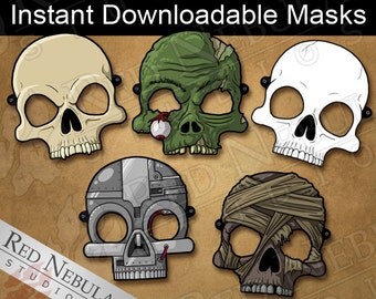 Skull Monster Masks, Instant Download, Printable Horror Masks, Zombie Mask, Paper Mask, Vampire Skull, Cyborg Mask, Mummy, Coloring Mask