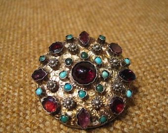 Remarkable Antique Early Victorian Silver Turquoise Garnet Amethyst Brooch 13.9 Grams.