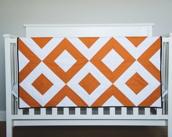 Modern Baby Quilt. Bold Rust and White, Graphic Geometric Quilt. "The Austin" with a Animal Menagerie Backing. Quilted Baby. Baby Boy Quilt.
