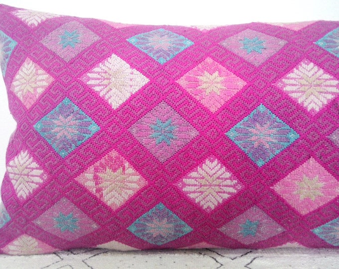 20% OFF SALE 14"x24" Vintage Chinese Wedding Blanket Long Lumbar Pillow Cover/ Boho Ethnic Dowry Textile/ Handwoven Cotton Silk Cushion