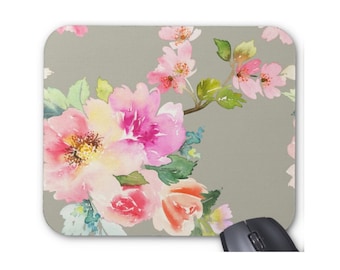 Watercolor Cherry Blossoms on Gray Mouse Pad, Colorful Vintage Floral Print Mousepad, Grey