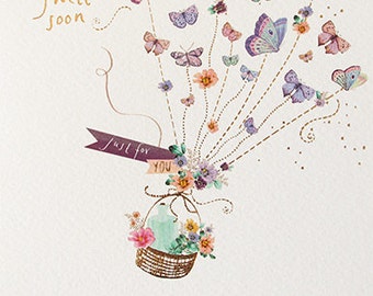 Get well soon pretty foiled butterfly card, Pastel printed butterflies and copper foil hope you feel better soon