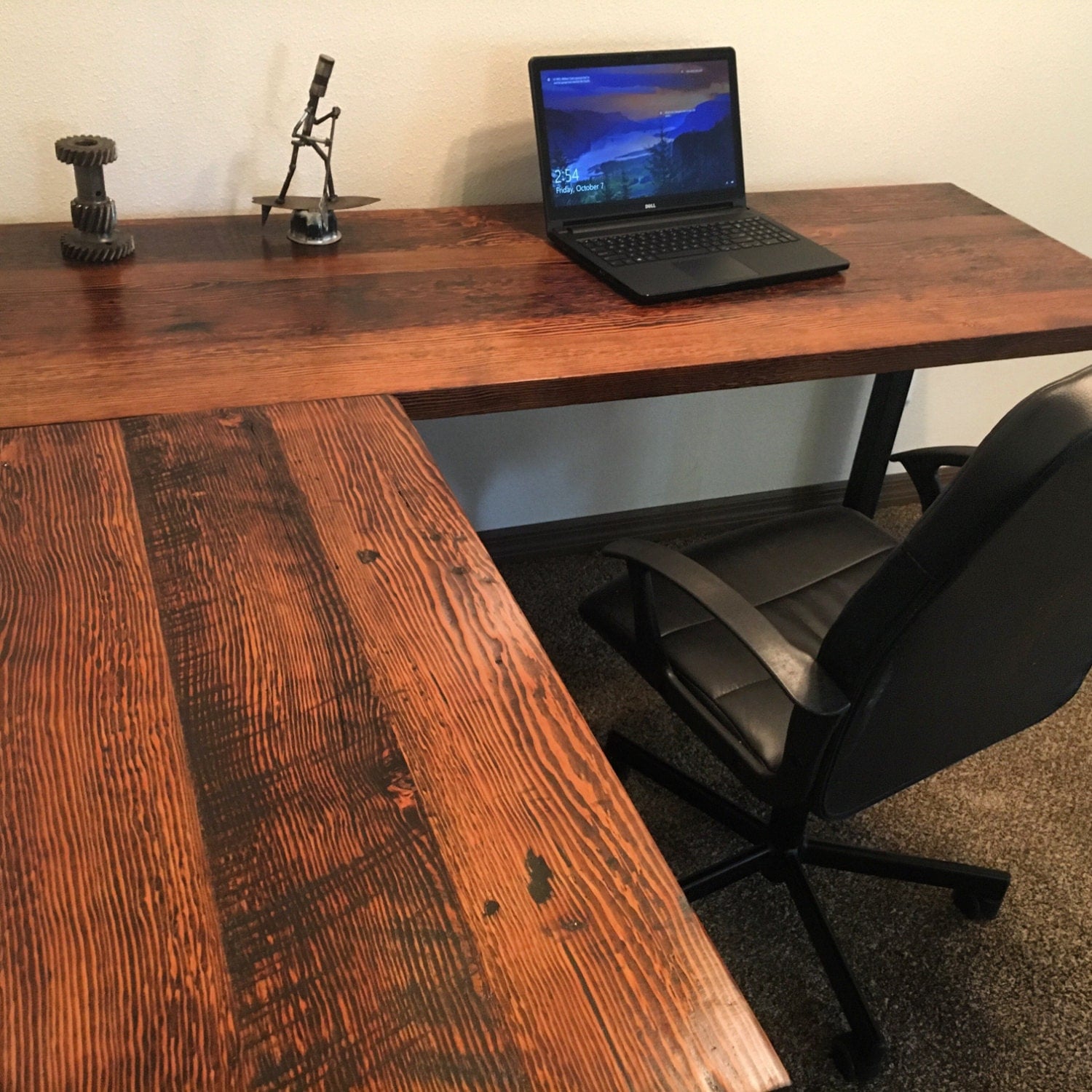 L-shaped Desk. Reclaimed wood desk. Wood and steel desk.