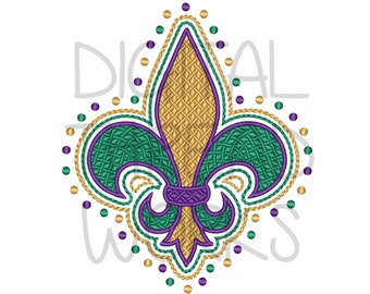 Mardi Gras Fleur De Lis Embroidery Design with Textured Stitching. Sizes 4x4 5x7 and 6x10 inch hoops. Instant Download. ITEM# MGFDLTS