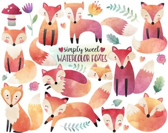 Watercolor Fox Clipart - Watercolor Clipart, Woodland Clipart, Fox Illustration, Cute Digital Clip Art Set
