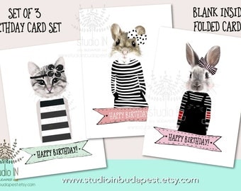 Birthday card, Birthday card, cat card, bunny card, greeting card, cute animal birthday card, set of 3 cards, birthday gift