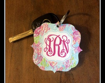 Monogram Keychain, Personalized Key Chain, Initial Keychain, Preppy print Key Chain, Personalized Monogram Keychain, Coral Print Keychain