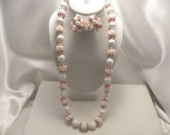 Vintage Vendome Signed Red & White Flower Capped Bead Necklace, Earring Demi Set