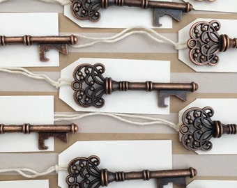 50 Copper Vintage Key Bottle Openers with tags - Antique Key Beer Openers - Skeleton Key Bottle Openers - Bottle Opener Wedding Favor