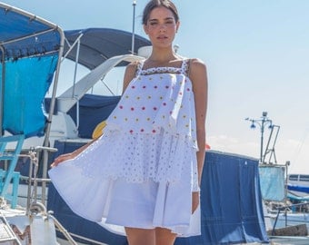 White Ruffle Women Dress Designer Knee Lenght Chic Fashion Casual Prom Rustic Sarafan Boho Mini Dress Volant Eyelet Cotton Free Ship