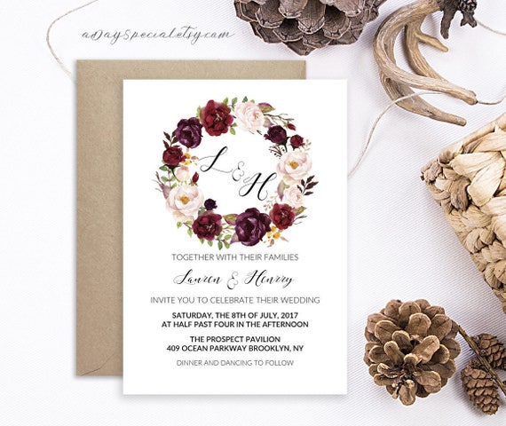 Burgundy Floral Wreath Wedding Invitation Template Printable