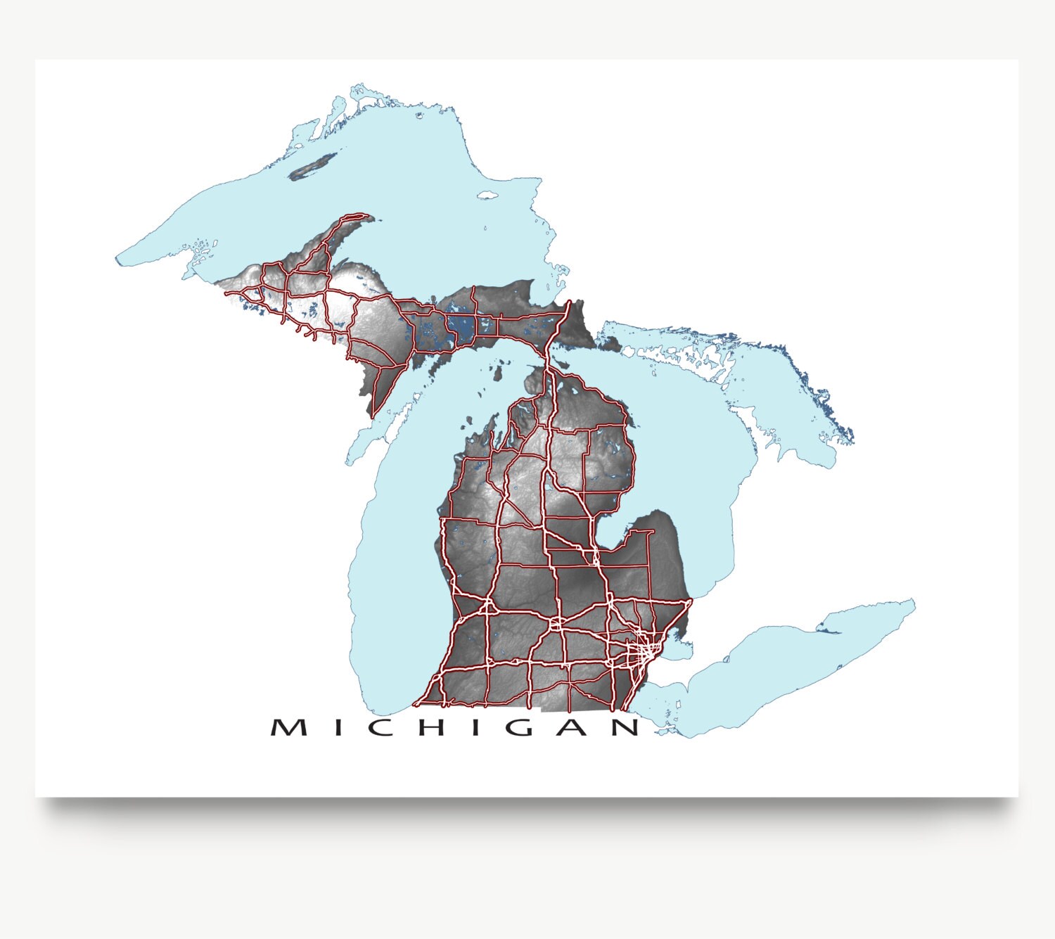 Michigan State Map Art Print MI State Maps Black and White