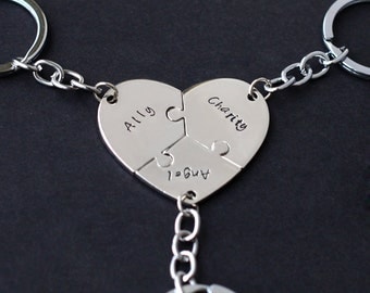 best friend keychain, 3 Sisters keychains set, Customize Hand stamped Jewelry, broken Puzzle heart, friendship keychain, Christmas gift