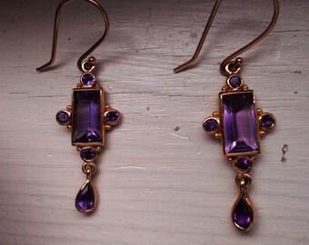Art Deco revival genuine amethyst and solid 9k yellow gold earrings