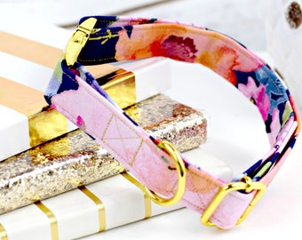Dog Collar - Watercolor Floral & Butterflies on Navy - Gold Metallic Thread - Yellow Gold Hardware