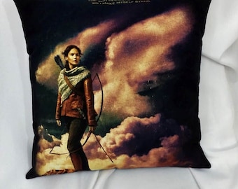 The Hunger Games Katniss Everdeen t shirt made into a decorative pillow cover. Movie bedding made from Hunger games inspirational tshirt.