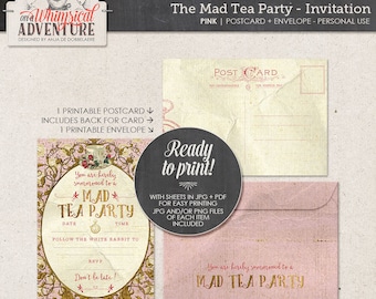Alice In Wonderland tea party invitation, party printables, printable collage sheet, tea party, vintage mad tea party digital download